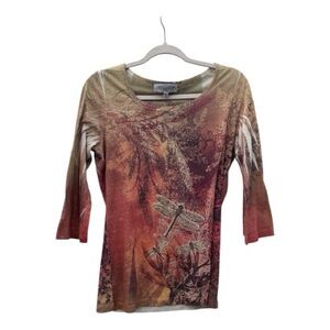 Closet Women's Red and Brown Dragonfly Print Long Sleeve Top